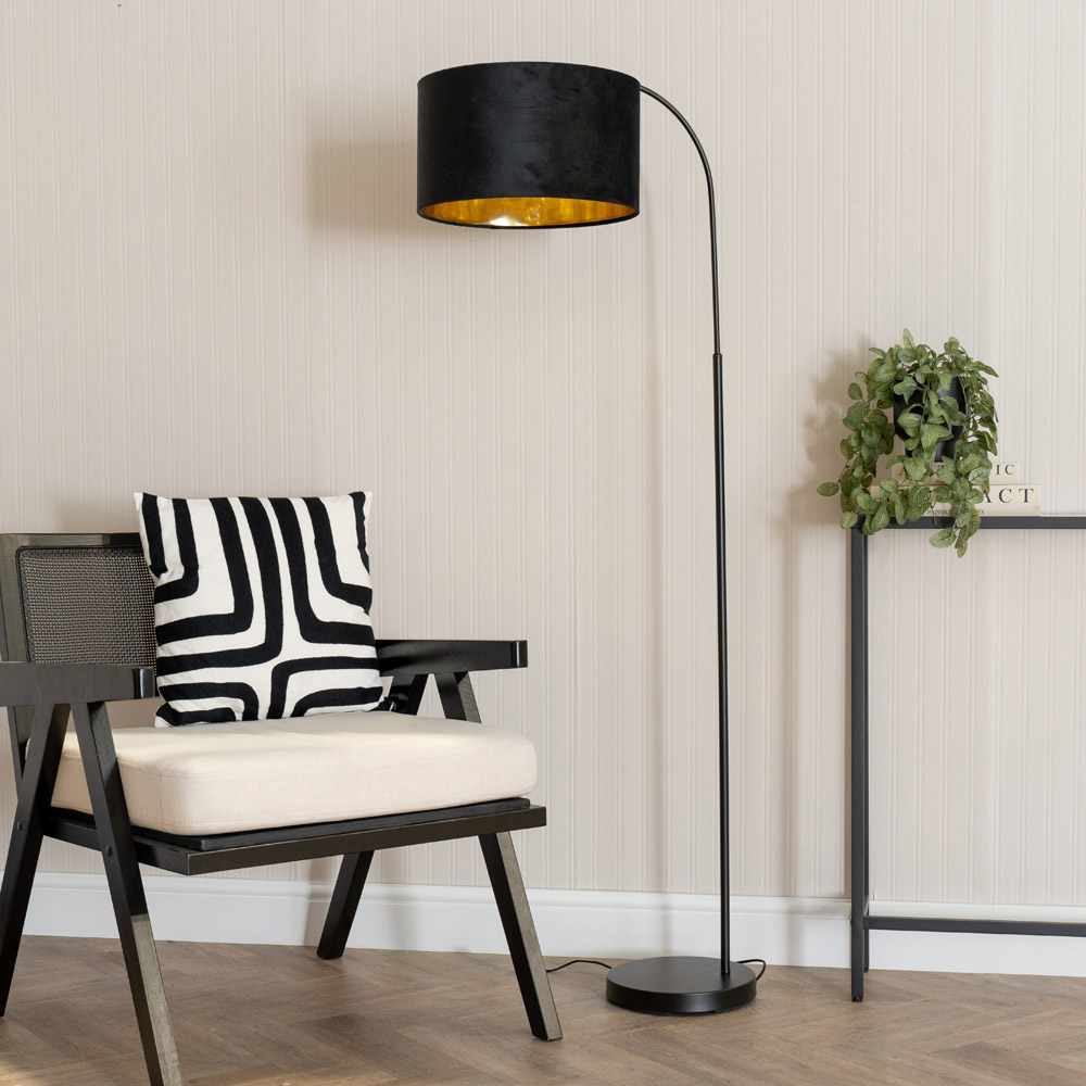 ValueLights Curva Black Arched LED Floor Lamp with Black and Gold Velvet Lamp Shade Image 2