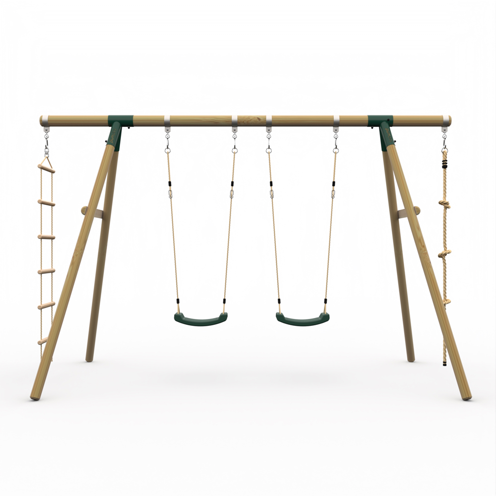 Plum Play Gibbon Wooden Double Swing Set with Climbing Rope and a Cargo Rope Ladder Image 2
