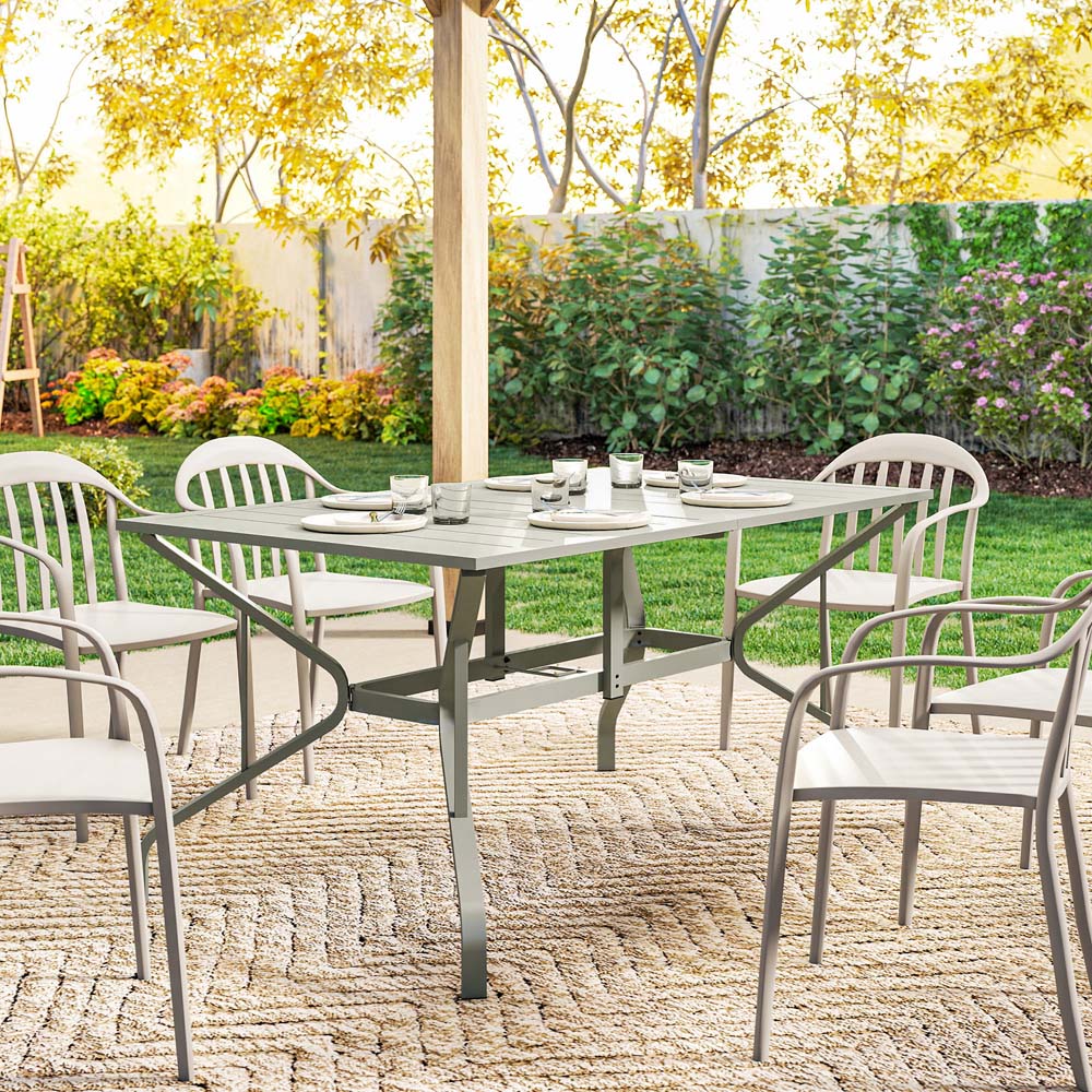 Outsunny 6 Seater Slatted Top Steel Frame Garden Dining Table Light Grey Image 3