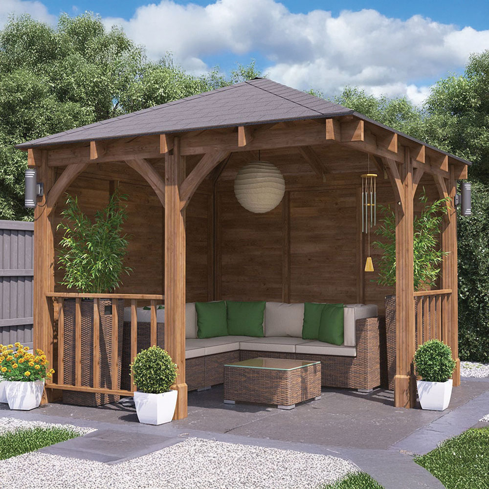 Dunster House Leviathan 3 x 3m Brown Corner Garden Gazebo with Wooden Roof Shingles Image 1