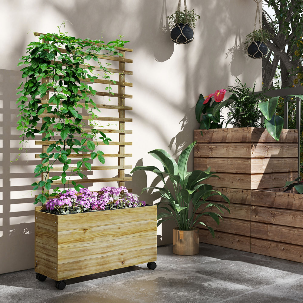 Outsunny Natural Wooden Raised Garden Bed Planter with Trellis and 4 Wheels 155 x 30 x 76cm Image 2