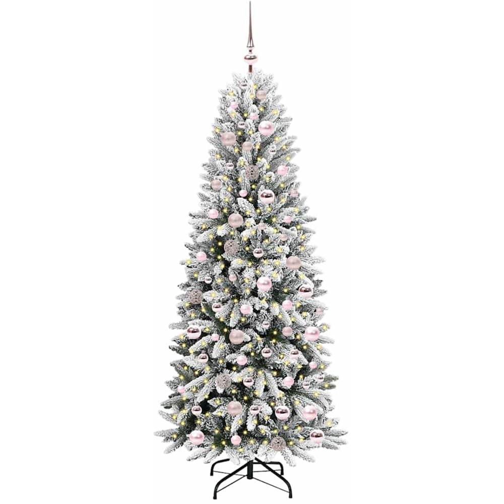 vidaXL Pre-Lit Pink Baubles Artificial Snow Flocked Christmas Tree 6ft Image 1