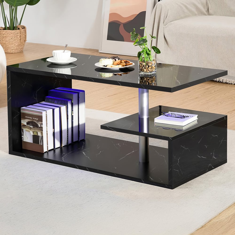 Comfy Living Black Marble Effect High Gloss Abstract LED Coffee Table Image 1