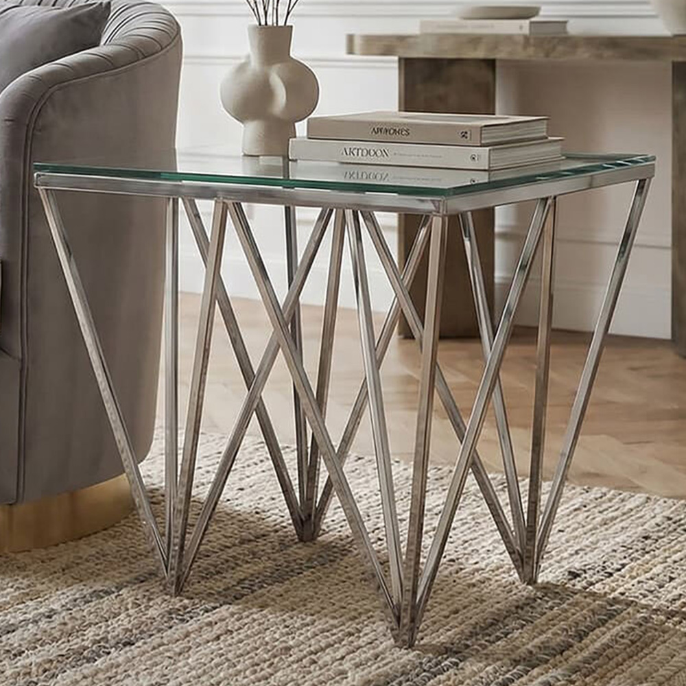 Premier Housewares Allure Silver Finish End Table with Glass Top and Prismatic Legs Image 1