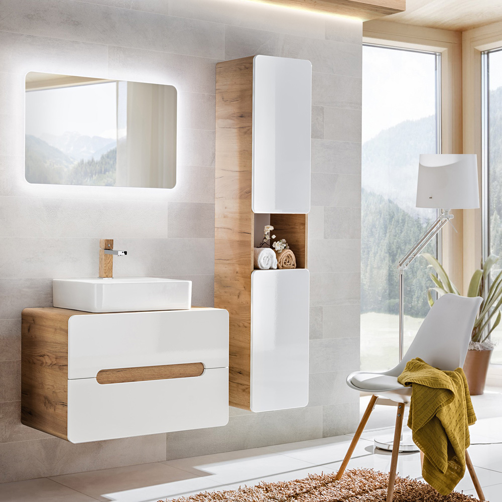 Impact Furniture Aruba White Gloss and Oak Wall Mounted Bathroom Cabinet with Sink 800mm Image 7