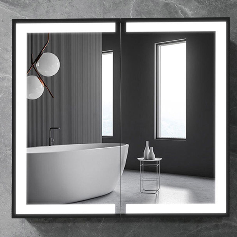 Living and Home Black Framed LED Mirror Bathroom Cabinet Image 1