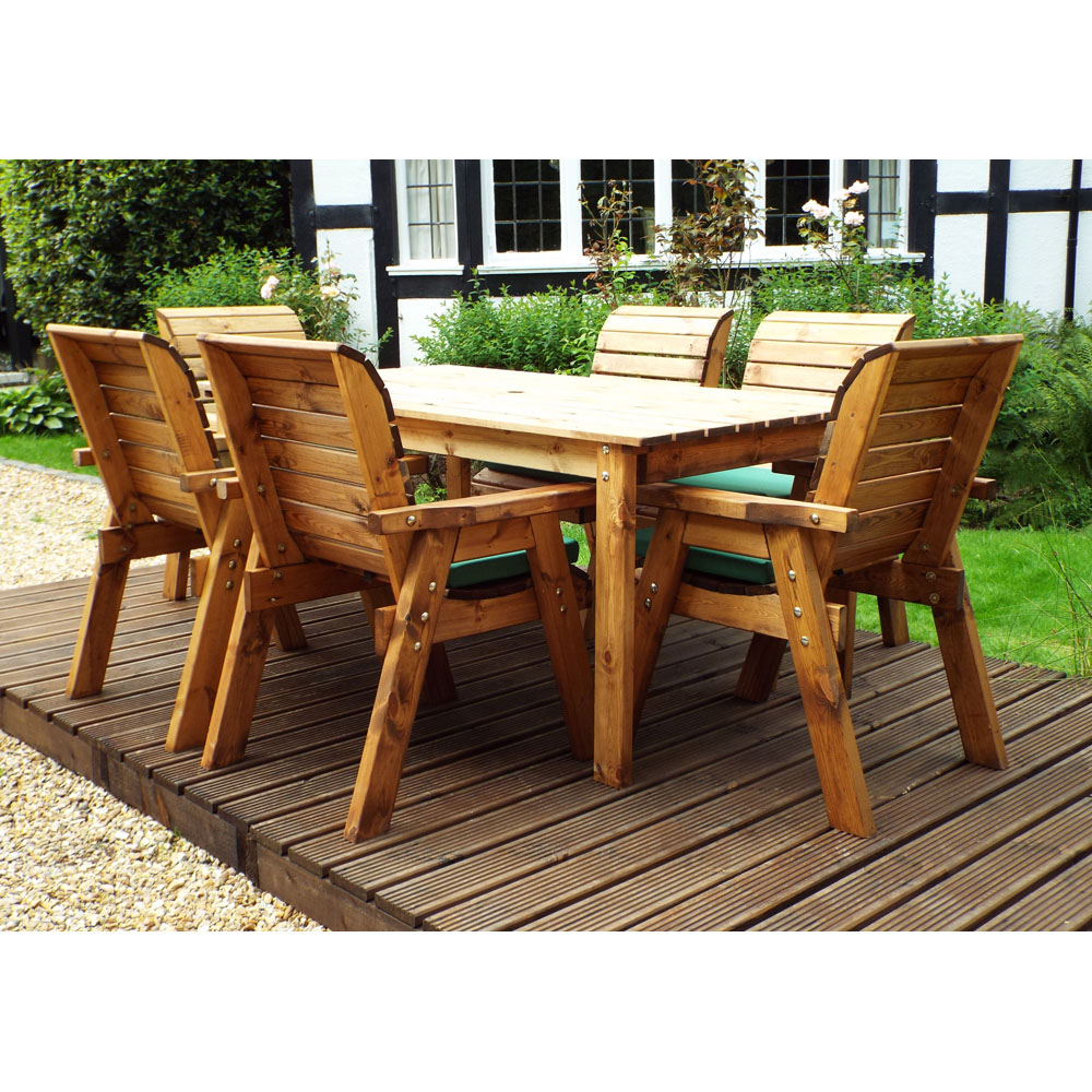 Charles Taylor Solid Wood 6 Seater Rectangular Outdoor Dining Set with Green Cushions Image 5