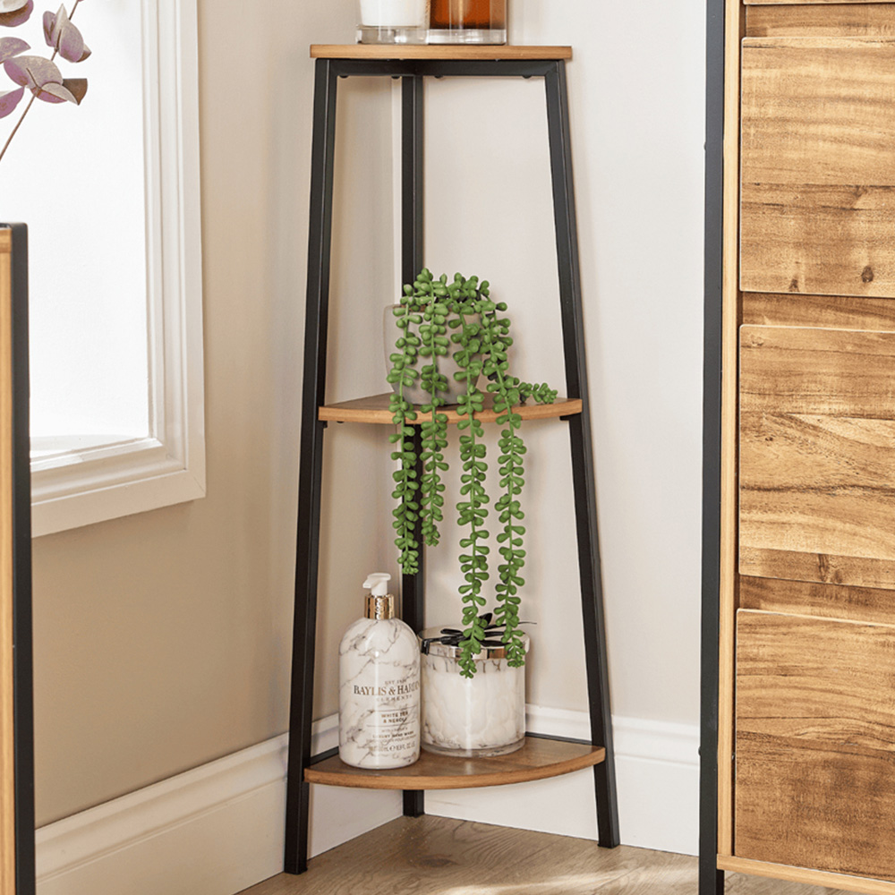Home Source Locastra 3 Shelf Oak and Black Corner Bathroom Storage Unit Image 1