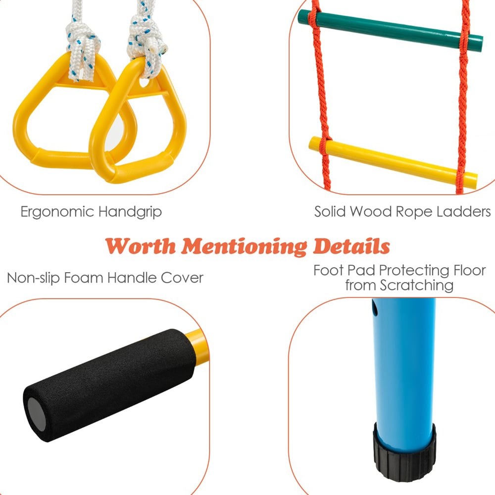 Costway Yellow Metal Kids Swedish Ladder Wall Bar with Gym Ring Image 4