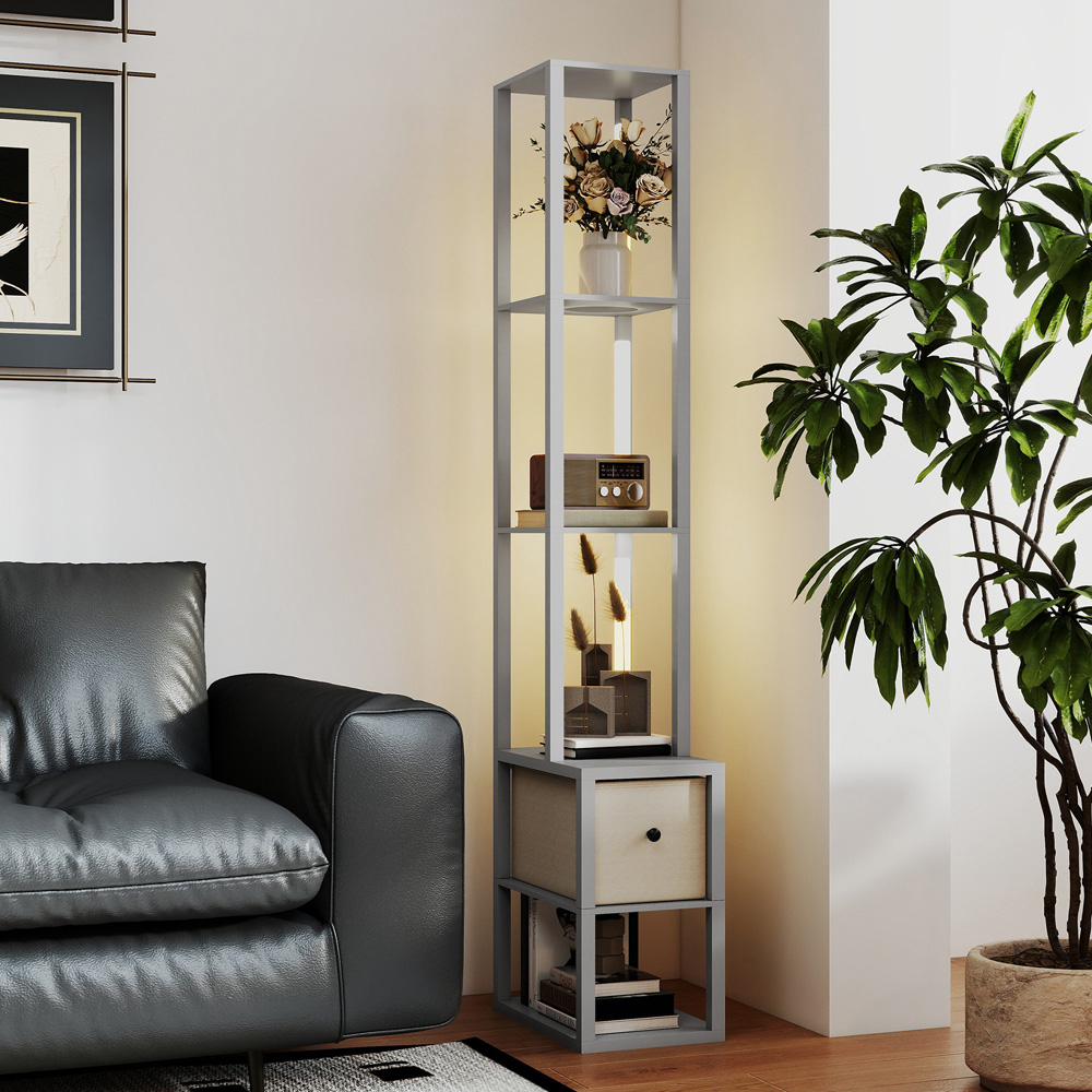 HOMCOM Single Drawer 4 Shelf Grey LED Floor Lamp Image 4