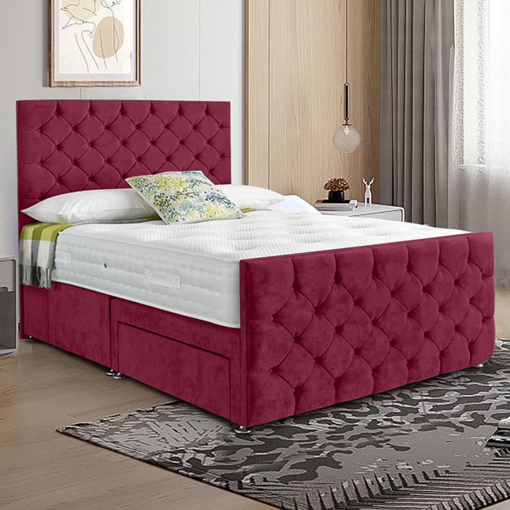 Eleganza Home Dreamscape Double Maroon Plush Velvet Single Drawer Divan Bed with Headboard Image 1