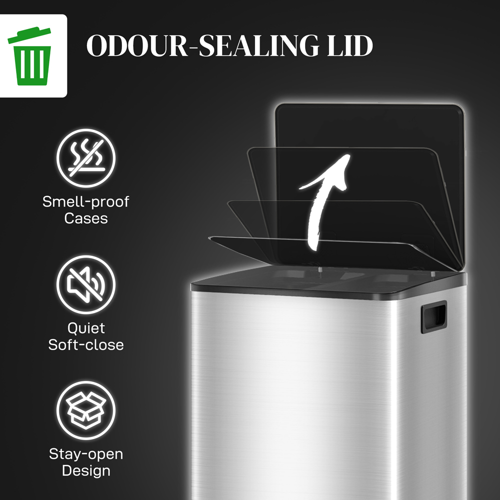 HOMCOM 40L Silver Tone Double Kitchen Pedal Bin with Soft-Close Lid Image 6