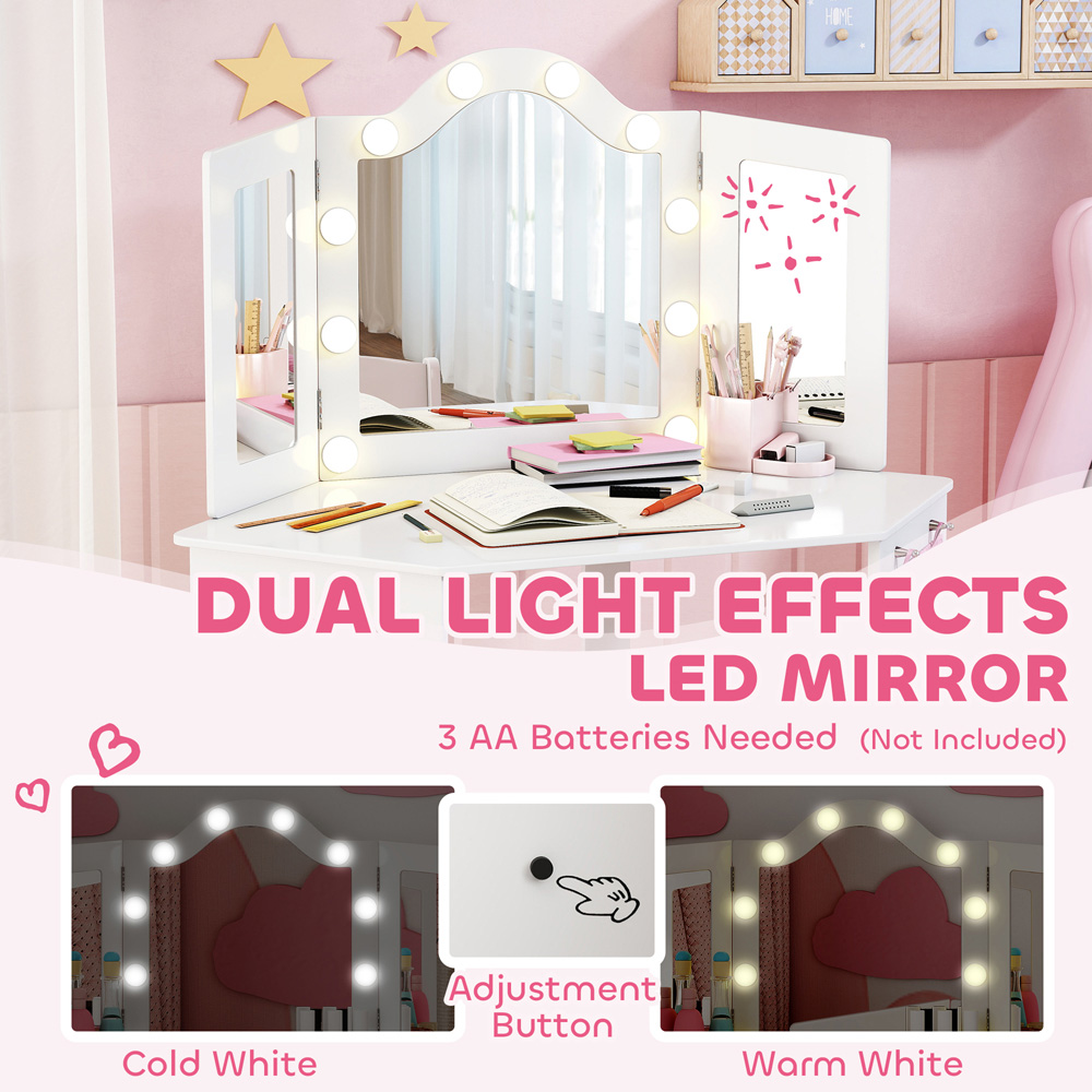 AIYAPLAY 2 Piece White LED Tri Folding Mirror Kids Vanity Table and Stool Set Image 5