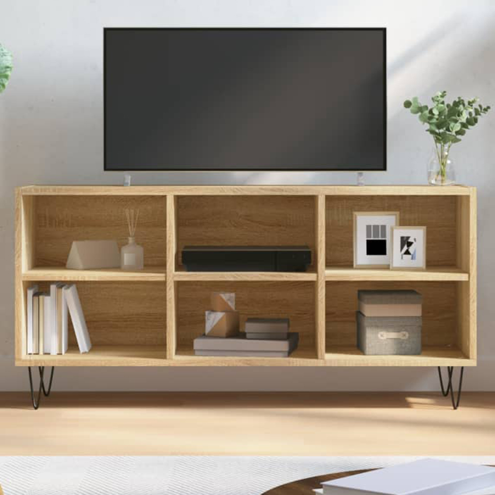 vidaXL 6 Open Shelf Sonoma Oak TV Cabinet with Black Metal Legs Image 1