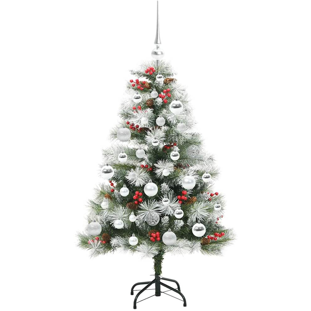 vidaXL Pre-Lit Silver Baubles Green Artificial Snow Flocked Christmas Tree 4ft Image 4