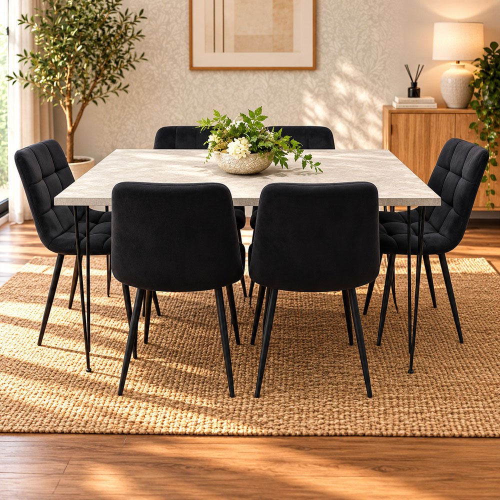 Kosy Koala 6 Seater Wood and Velvet Tufted Dining Set Grey and Black Image 3