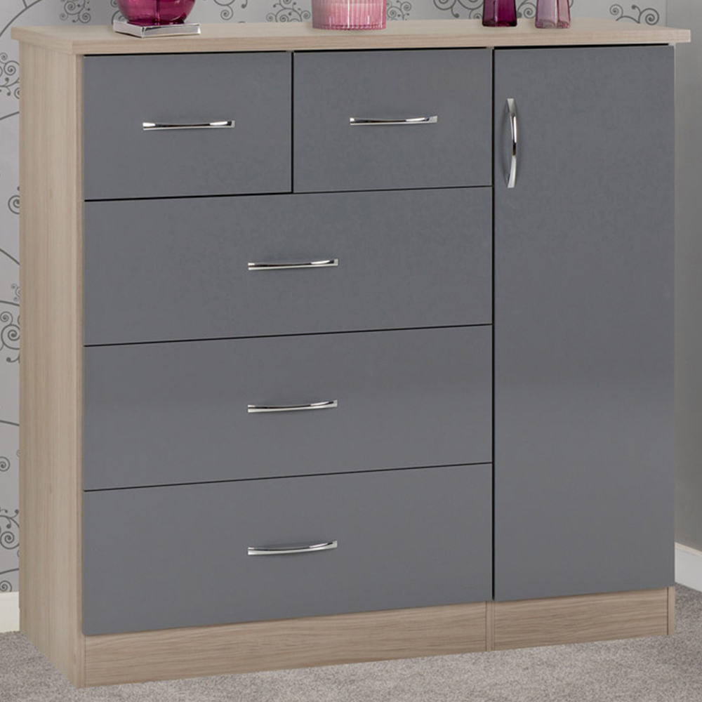 Seconique Nevada 5 Drawer Grey and Light Oak Low Wardrobe Image 1