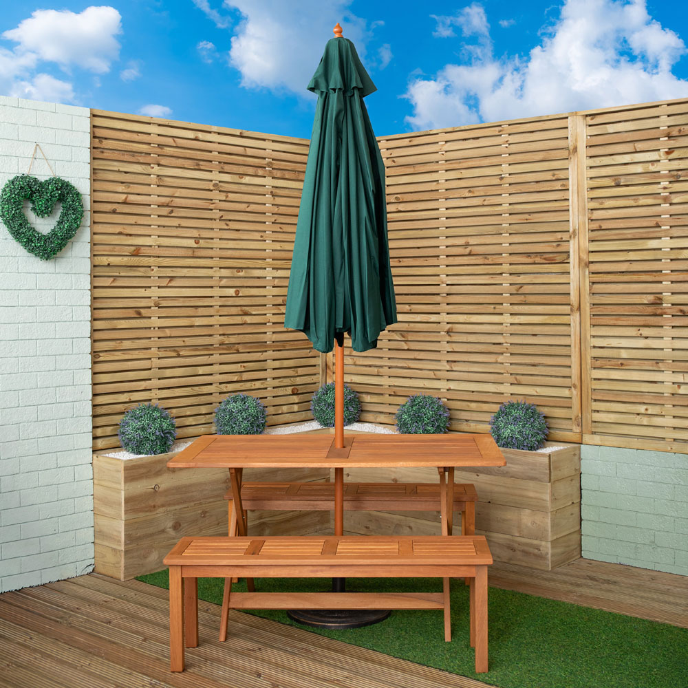 Samuel Alexander 4 Seater Wooden Rectangular Dining Bench Set with Green Parasol and Base Image 9