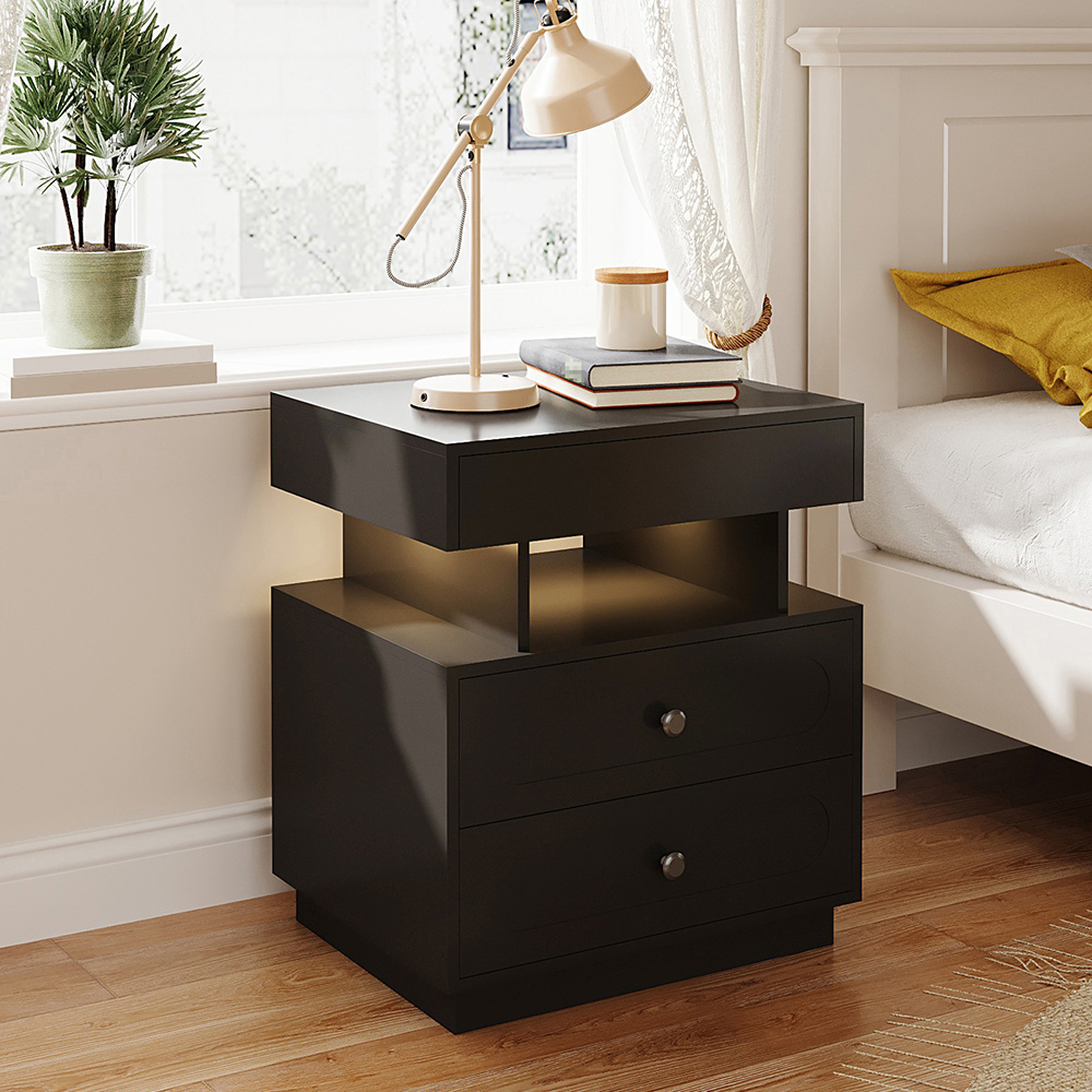 Living and Home 3 Drawer Single Shelf Black Bedside Table with RGB LED Light Image 7