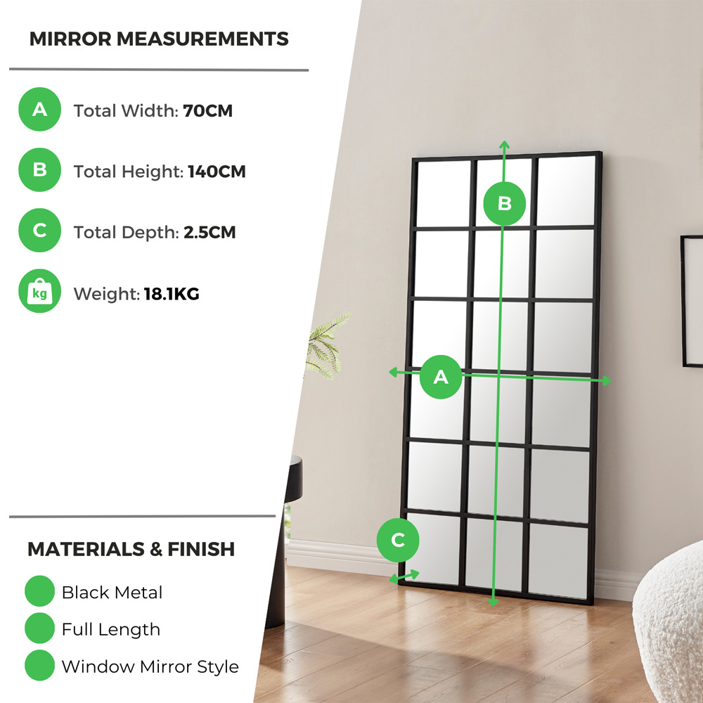 Furniturebox Yuki Black Window Medium Wall Mirror 140 x 70cm Image 8