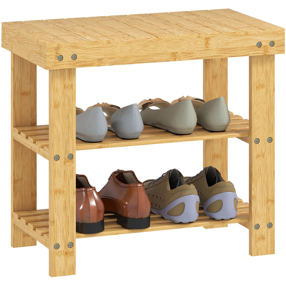 Portland 2 Shelf Wood Finish Bamboo Entryway Shoe Bench Image 2