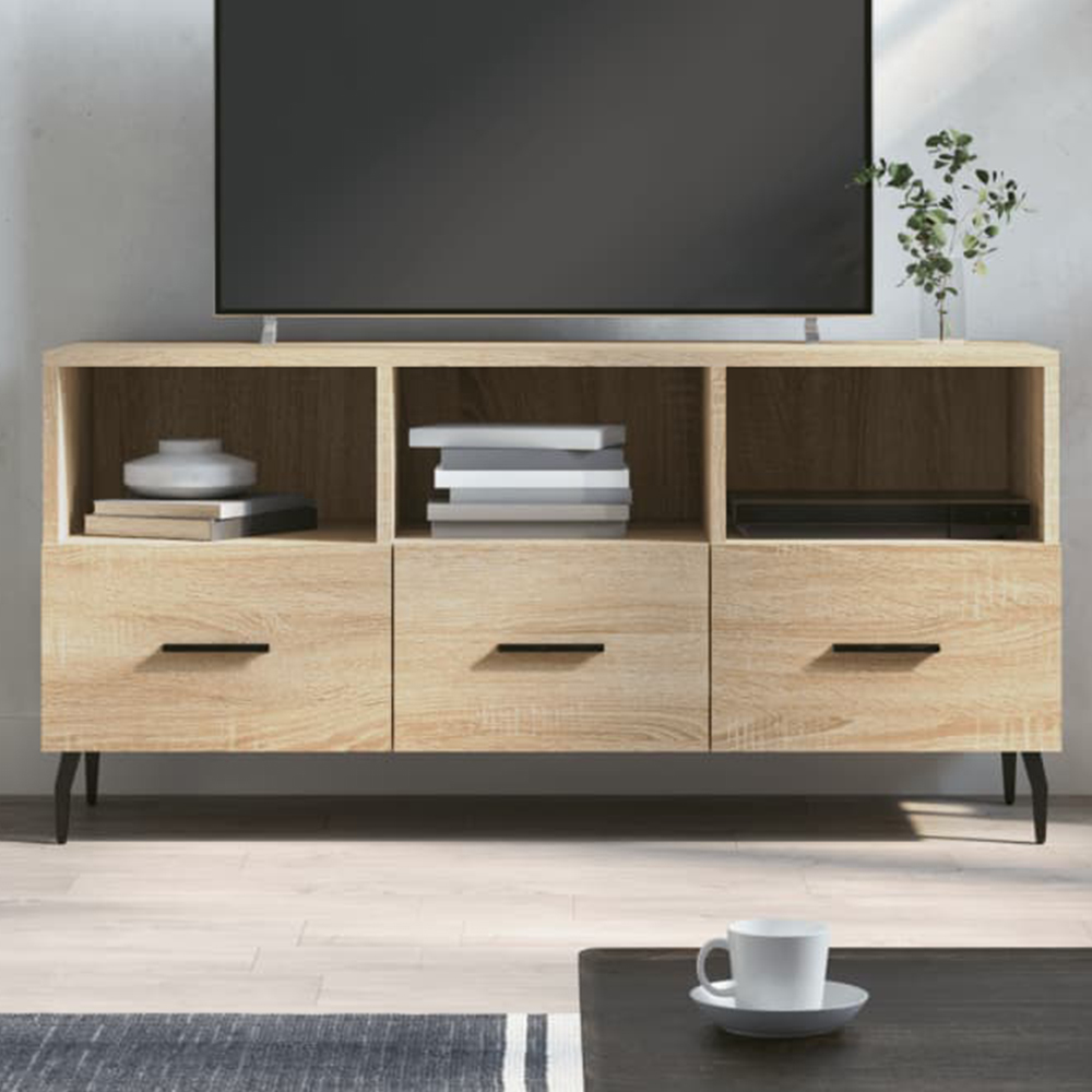 vidaXL 3 Drawer 3 Open Shelf Sonoma Oak TV Cabinet with Metal Stand Image 1