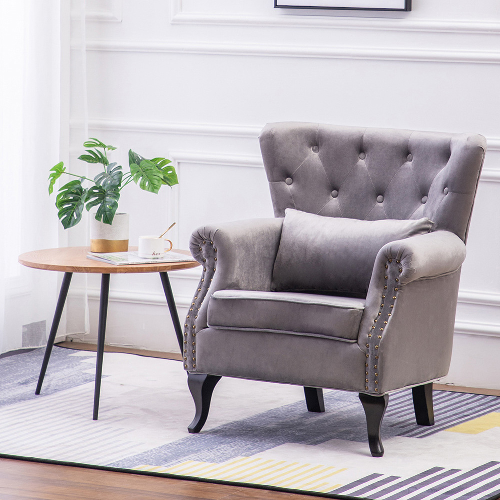 Living and Home Grey Velvet Accent Armchair with Cushion Image 8
