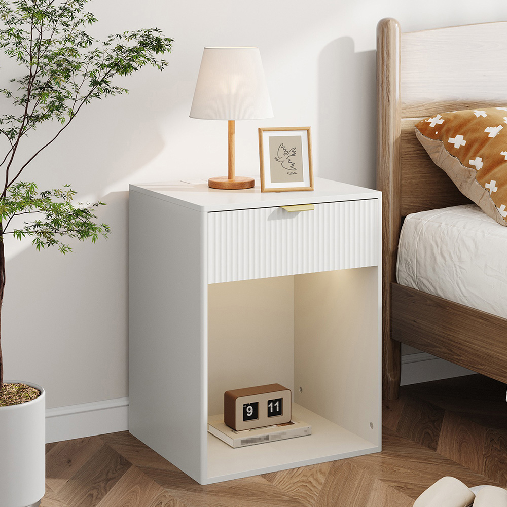 Living and Home Single Drawer White Bedside Table with Power and RGB Light Strip Set of 2 Image 8