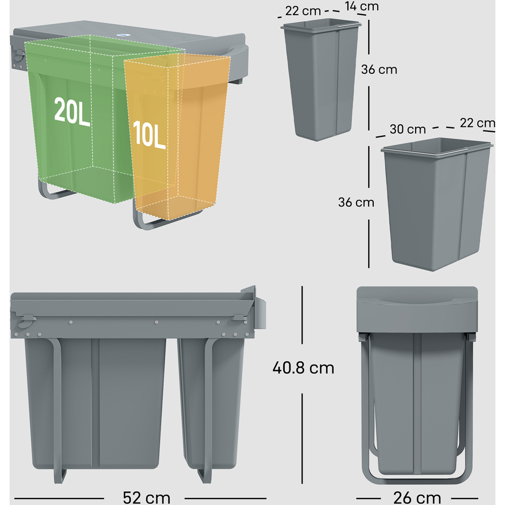 HOMCOM 2 Compartment Grey Metal Under-Sink Kitchen Recycling Bin 30L Image 9