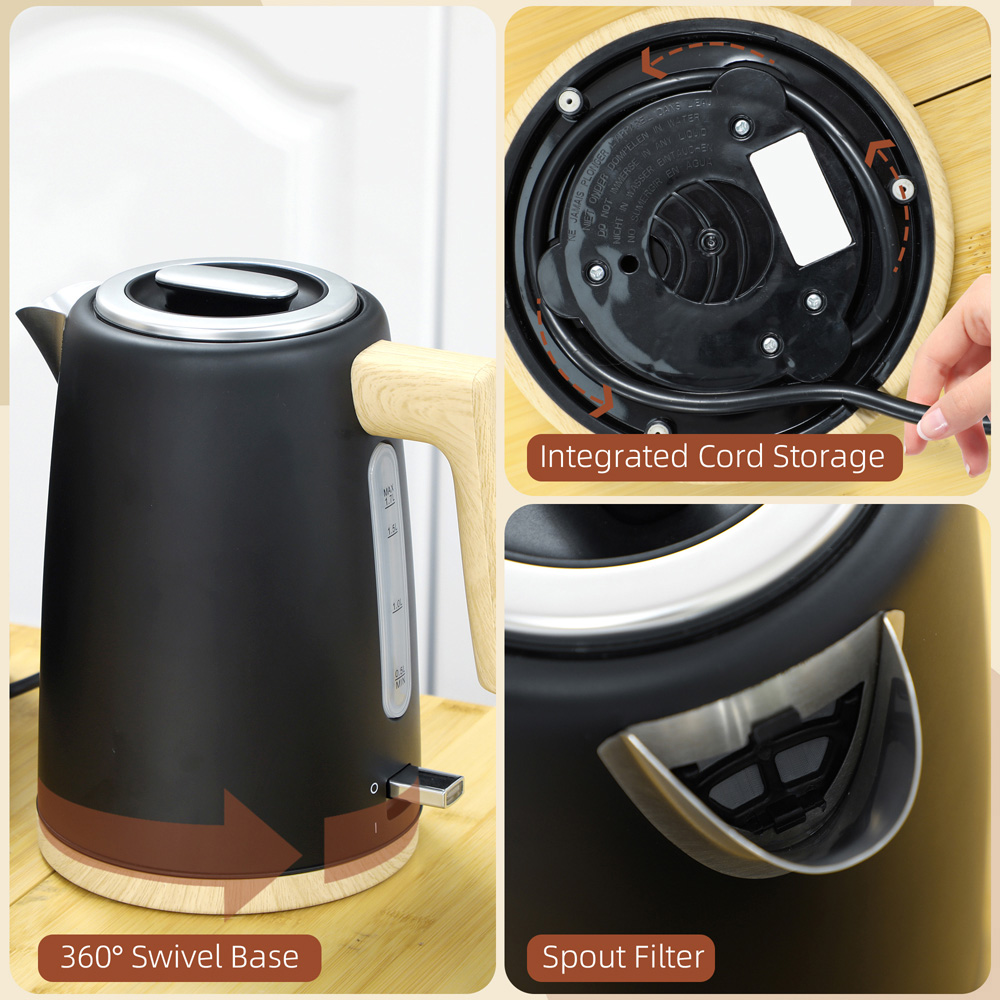 HOMCOM 800-234V70BK Black 1.7L Electric Fast Boil Kettle and 2 Slice Toaster Set Image 3