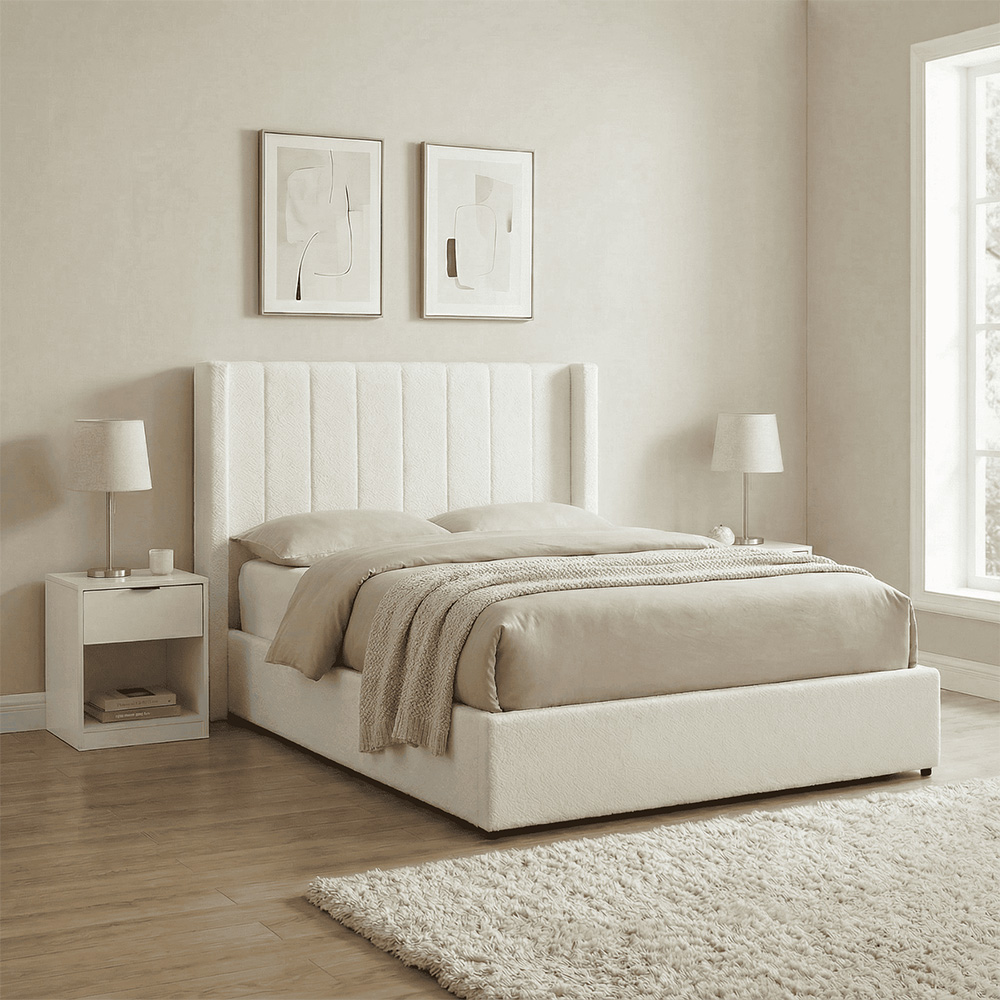 Home Source Alix King Size White Boucle Lift-Up Ottoman Bed with Fluted Headboard Image 8
