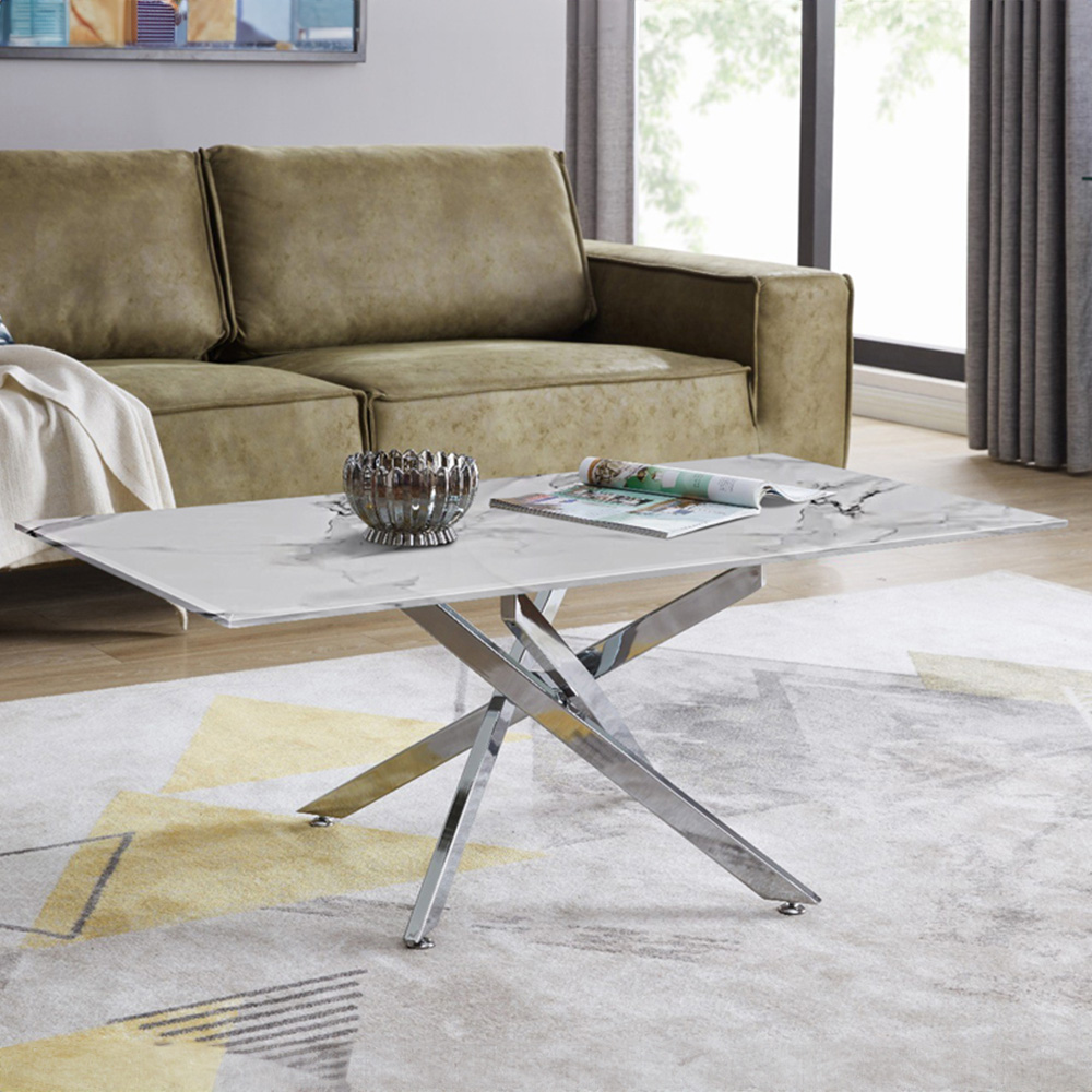 Furniturebox Tavalo White Marble Effect Glass Coffee Table with Silver Legs Image 1