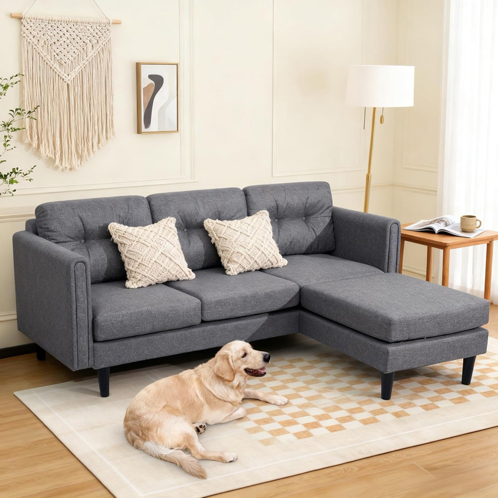 Alivio 4 Seater Grey Linen Fabric Modern L-Shaped Sectional Sofa with Movable Chaise Image 3