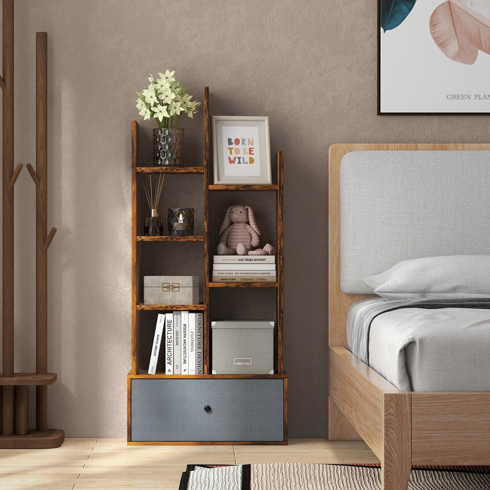 Costway Single Drawer 7 Shelf Rustic Brown Bookcase Image 4