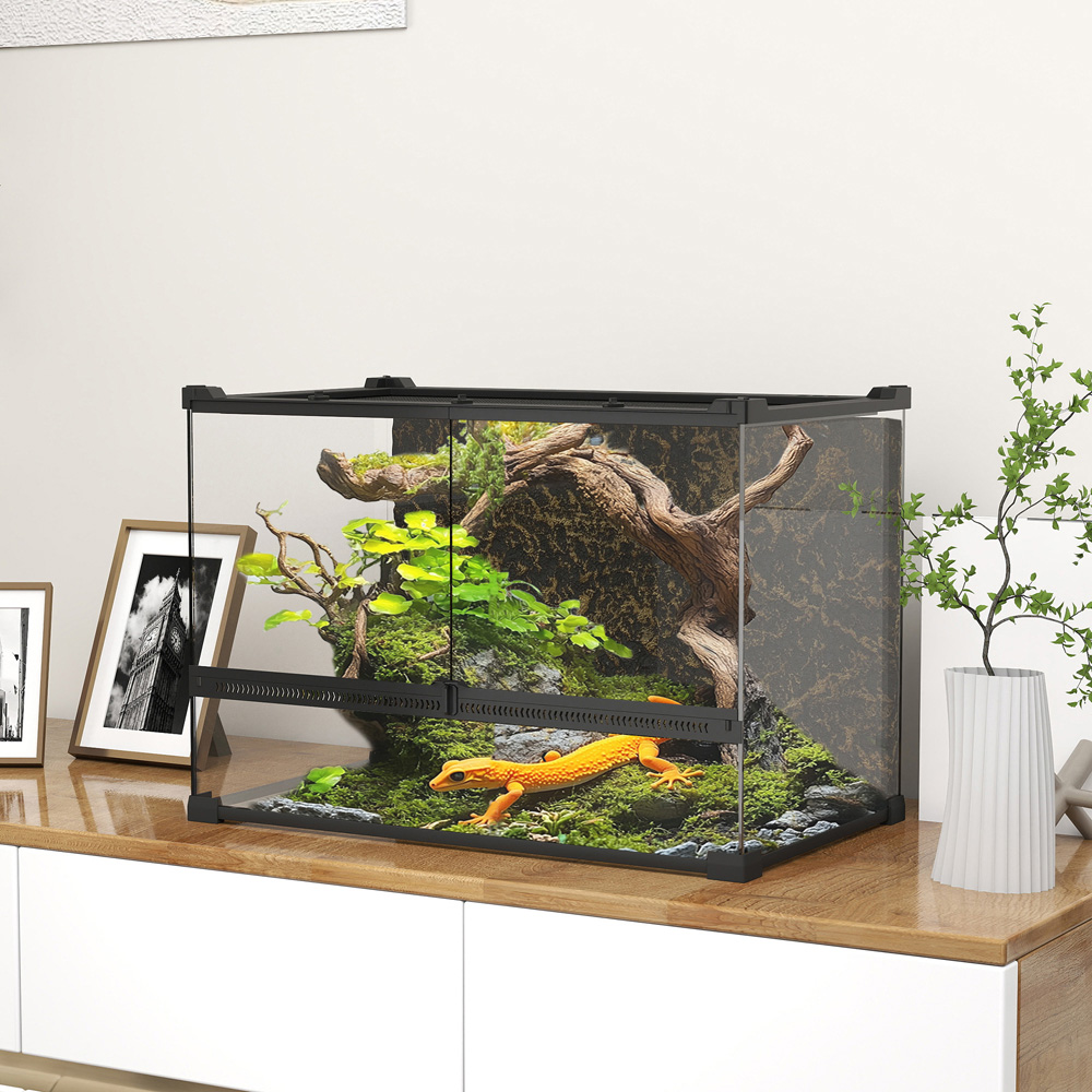 PawHut 48L Glass Black Reptile Vivarium with Stone Background Image 2