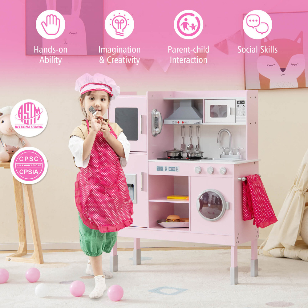 Costway Kids Pink Adjustable Wooden Kitchen Playset with Light Image 6
