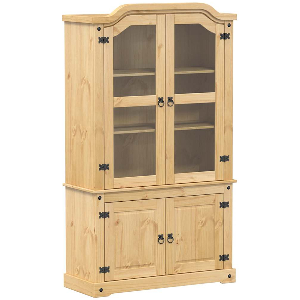vidaXL 4 Door 3 Shelf Brown Solid Pine Wood Glass Display Cabinet Image 2