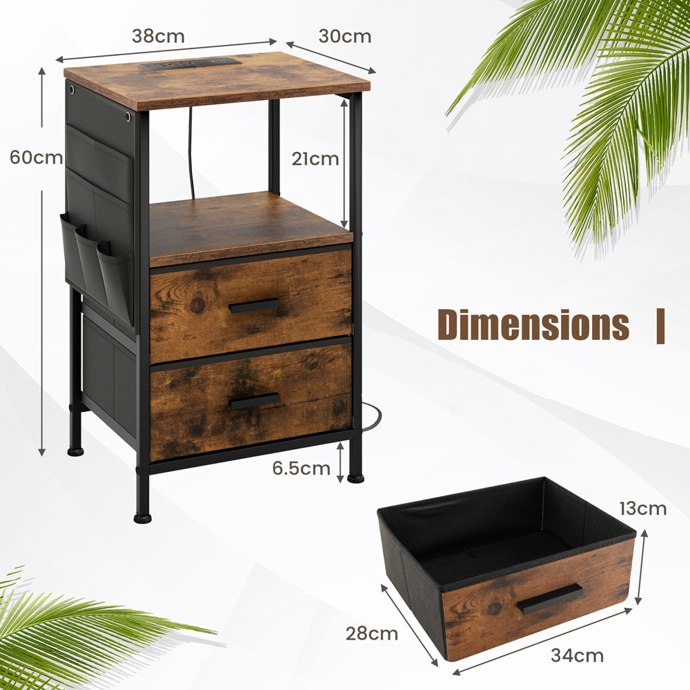 Costway 2 Drawer Single Shelf Rustic Brown Bedside Table Set of 2 Image 9