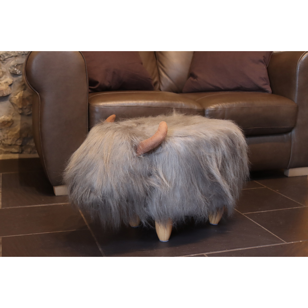 Gardeco Georgette The Highland Cow Pale Grey Synthetic Fur Footstool Image 7