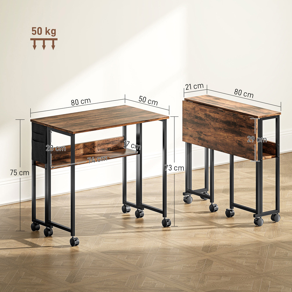 HOMCOM Single Shelf Foldable Computer Desk with Wheels and Side Bag Rustic Brown Image 9