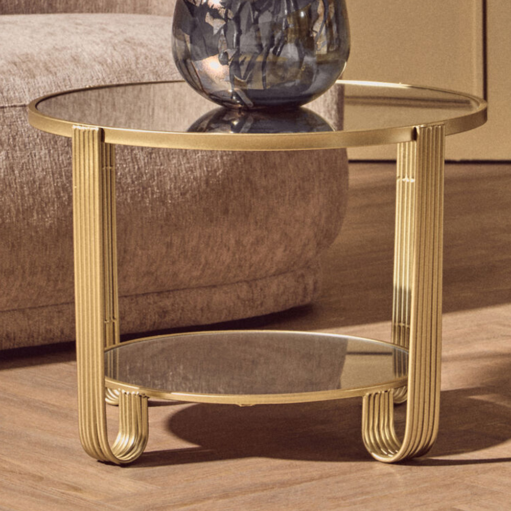 Premier Housewares Jolie Single Shelf Gold Frame Round Bedside Table with Mirrored Top Image 1