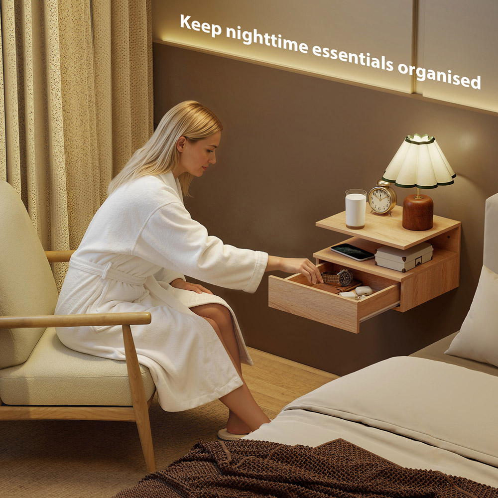 Portland Single Drawer Single Shelf Oak Floating Nightstand Set of 2 Image 5