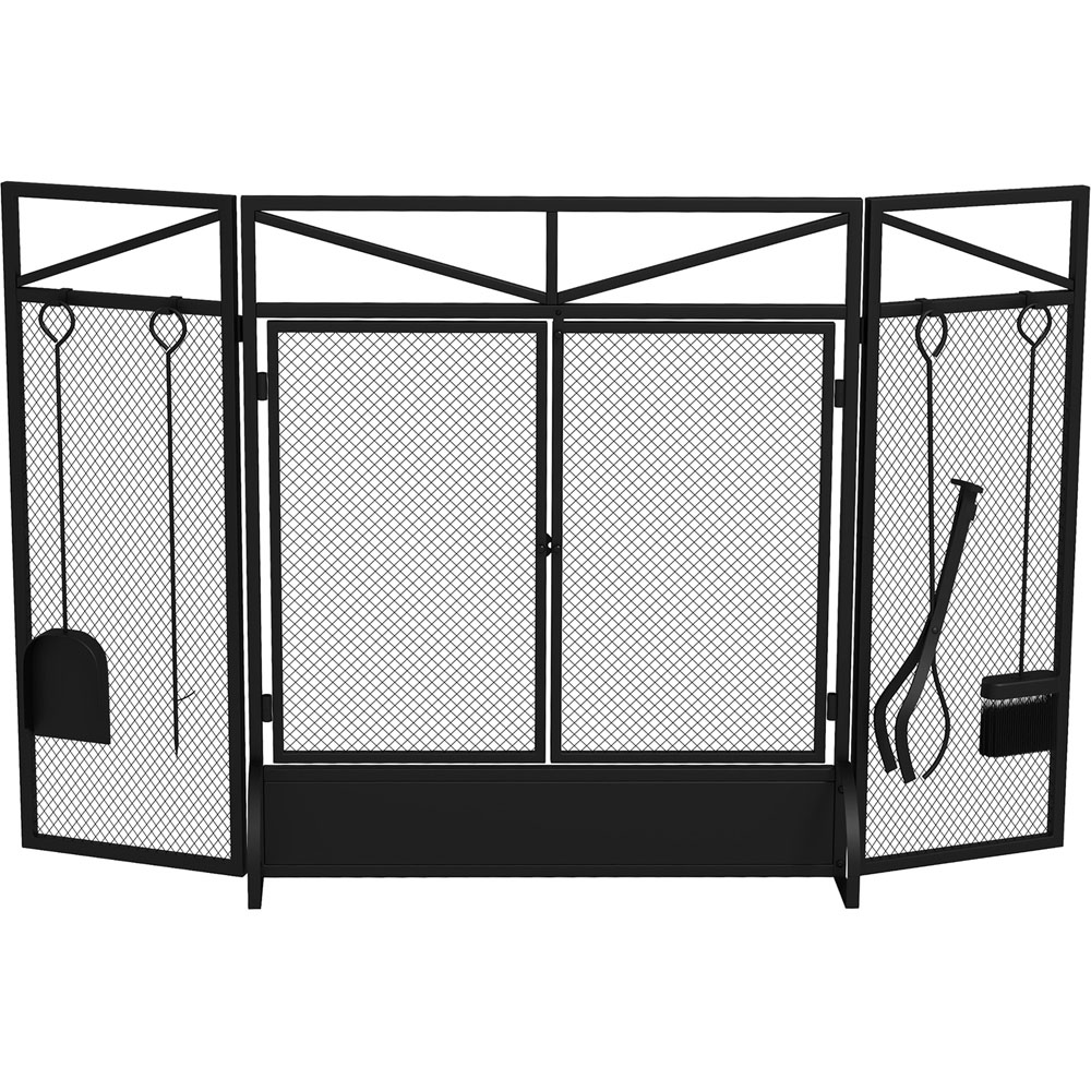 HOMCOM 3 Panel Black Mesh Fireplace Screen with Hooks Image 1