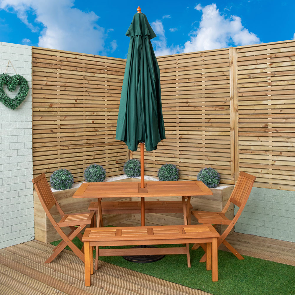 Samuel Alexander 6 Seater Wooden Rectangular Dining Bench Set with Green Parasol and Base Image 9