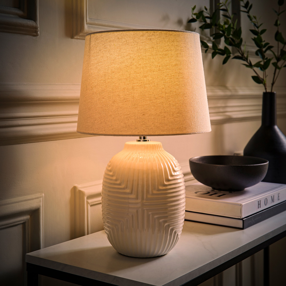 ValueLights Harrison Taper Shade White Geo Ribbed Pattern Gloss Medium LED Table Lamp Image 6