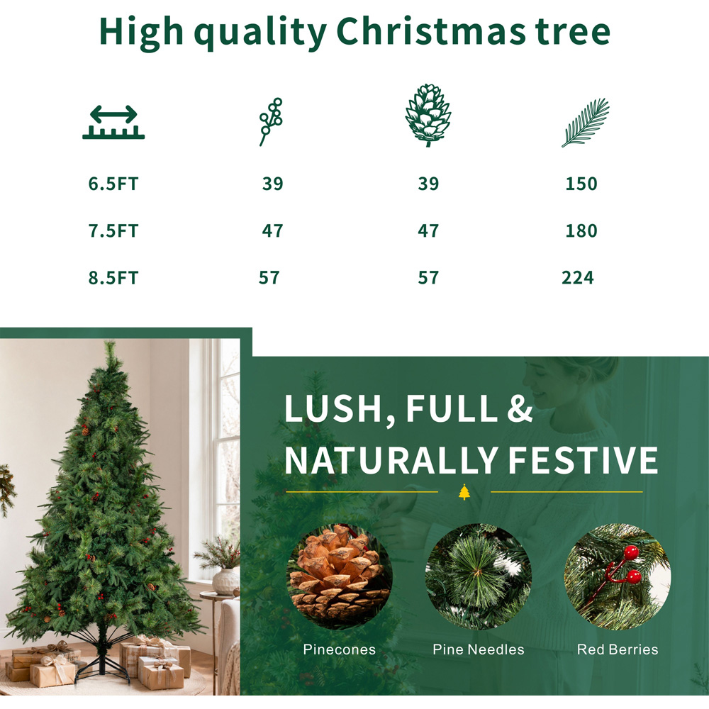 Abrihome Green Artificial Christmas Tree with Blooming Pine Needles Berries and Pinecones 7.5ft Image 7
