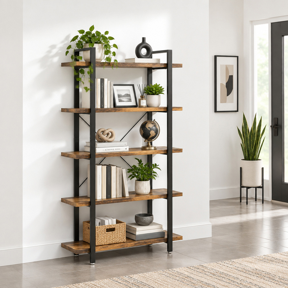 Modcraft 5 Shelf Rustic Brown Ladder Bookcase Image 8