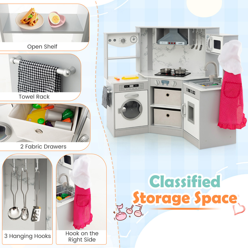 Costway Grey Kids Wooden Kitchen Playset with Lights Image 3