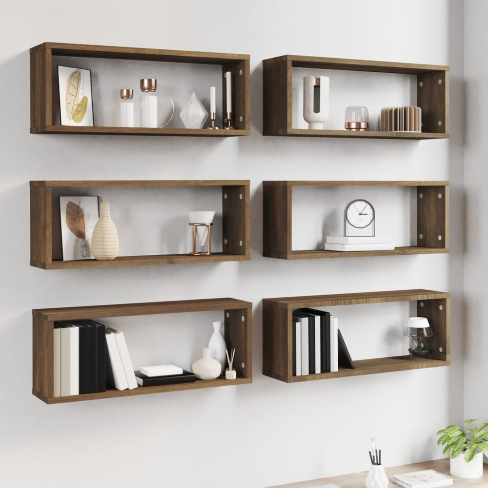 vidaXL 60 x 15 x 23cm Set of 6 Brown Oak Cube Wall Shelf Image 2