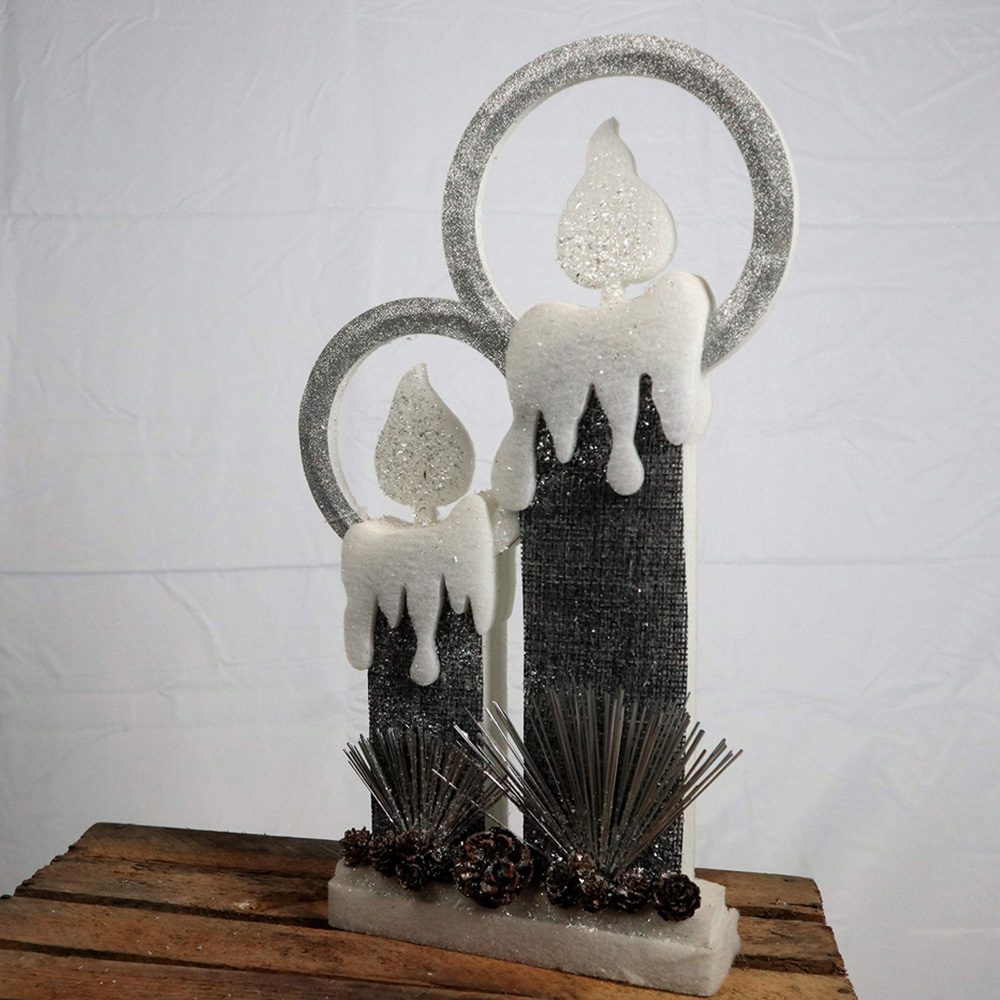 Shatchi Grey Glitter Foam Snow Covered Pre Lit Twin Candles Christmas Decoration 51cm Image 2